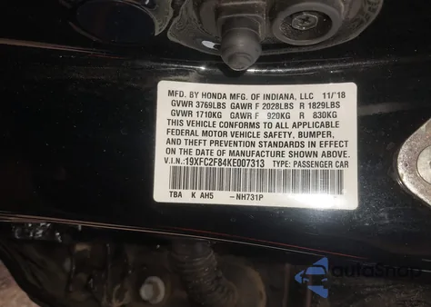 2019 Honda Civic Sport from USA, damaged, VIN 19XFC2F84KE007313